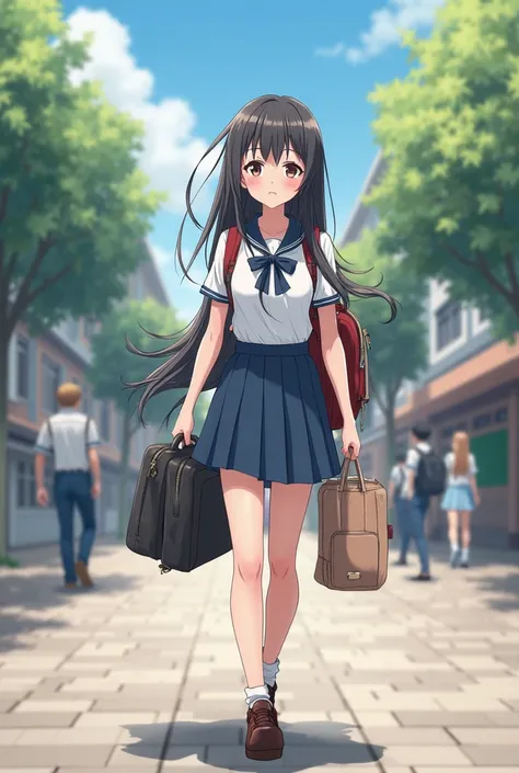 Make me anime woman in school dress is carrying bags towards school