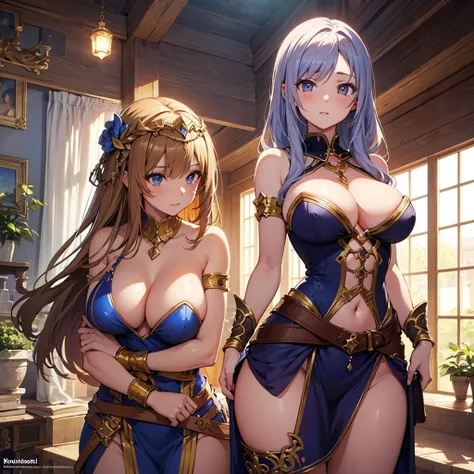 High quality, ultra detailed, best quality, highly detailed, beautiful, masterpiece, vibrant colors, shiny skin, perfect anatomy, correct anatomy, female group, knights, medieval, fantasy, breasts, sexy poses, seductive poses