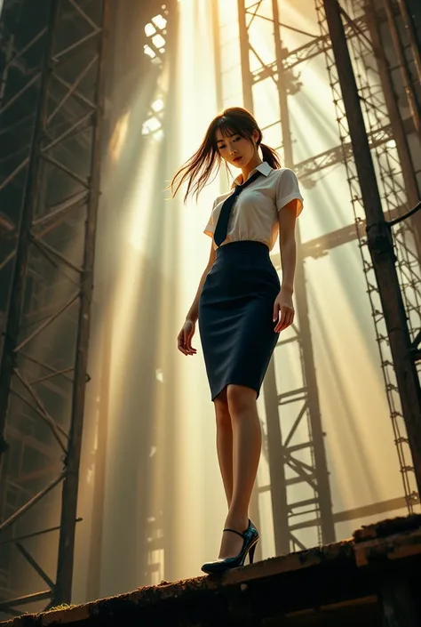 ((Sexy beautiful Japanese woman, a self defense officer uniform, wearing a white short-sleeved shirts, navy blue tie, navy blue pencil mini skirt, Black patent high heels, epaulette):1.5), beautiful hip-line, Beautiful thighs, brown hair, low ponytail, flo...