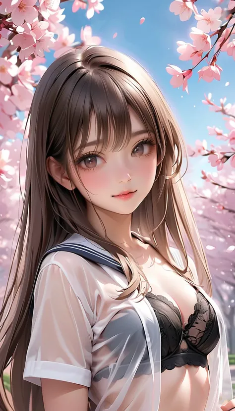 cute girl、HD、brown hair long hair、See-through school uniform、see through black lace bra、 beautiful girl、赤い頬、cherry blossoms、Very Cute、Highest quality、 realistic、