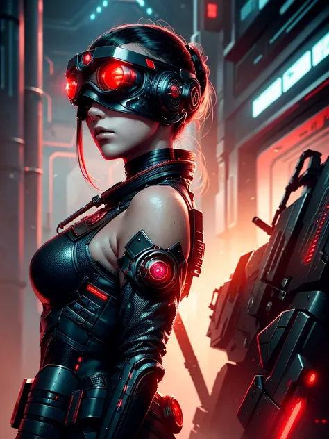 girl, sci-fi, cyberpunk, trending on artstation, detailed, intricate details, fantasy, futuristic,  sci-fi, cyberpunk, intricate, detailed red goggles, ( ( ( ( eyes ) ) ) ), horror, backlit, high contrast, sharp focus, digital painting, concept art, illust...