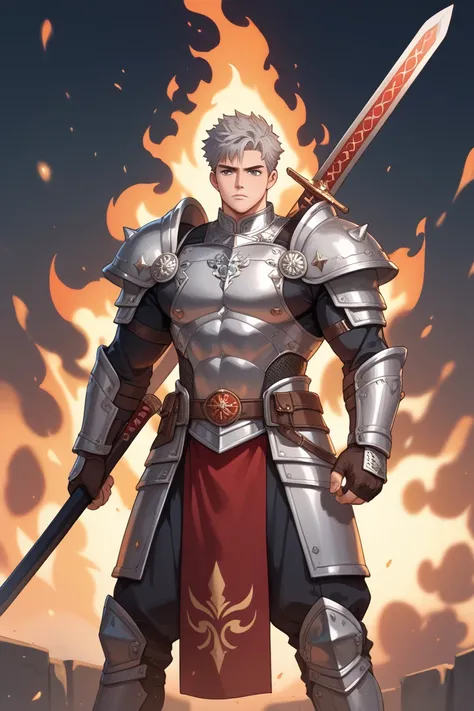 An anime-style anime boy has gray hair with short hair, is muscular, has a huge body, is wearing prickly black full-body armor, and is carrying a huge black sword. The surroundings are burning, and he is staring at the front with a sad face inside a huge c...