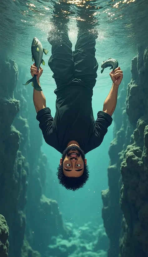 A man with a black beard, black eyes, and a black shirt, drowned upside down in a deep river and caught a fish in his hand, picture 3D cartoonish 