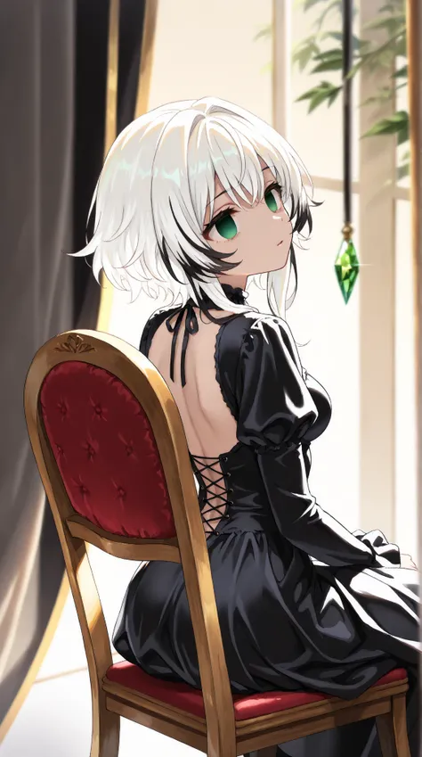 (high quality, ultra-detailed), female, white hair with few red highlights strands, solo, emerald eye color both empty eyes, anatomically correct, medium breast (clothed),gothic one dress open back, back view, sitting on the chair