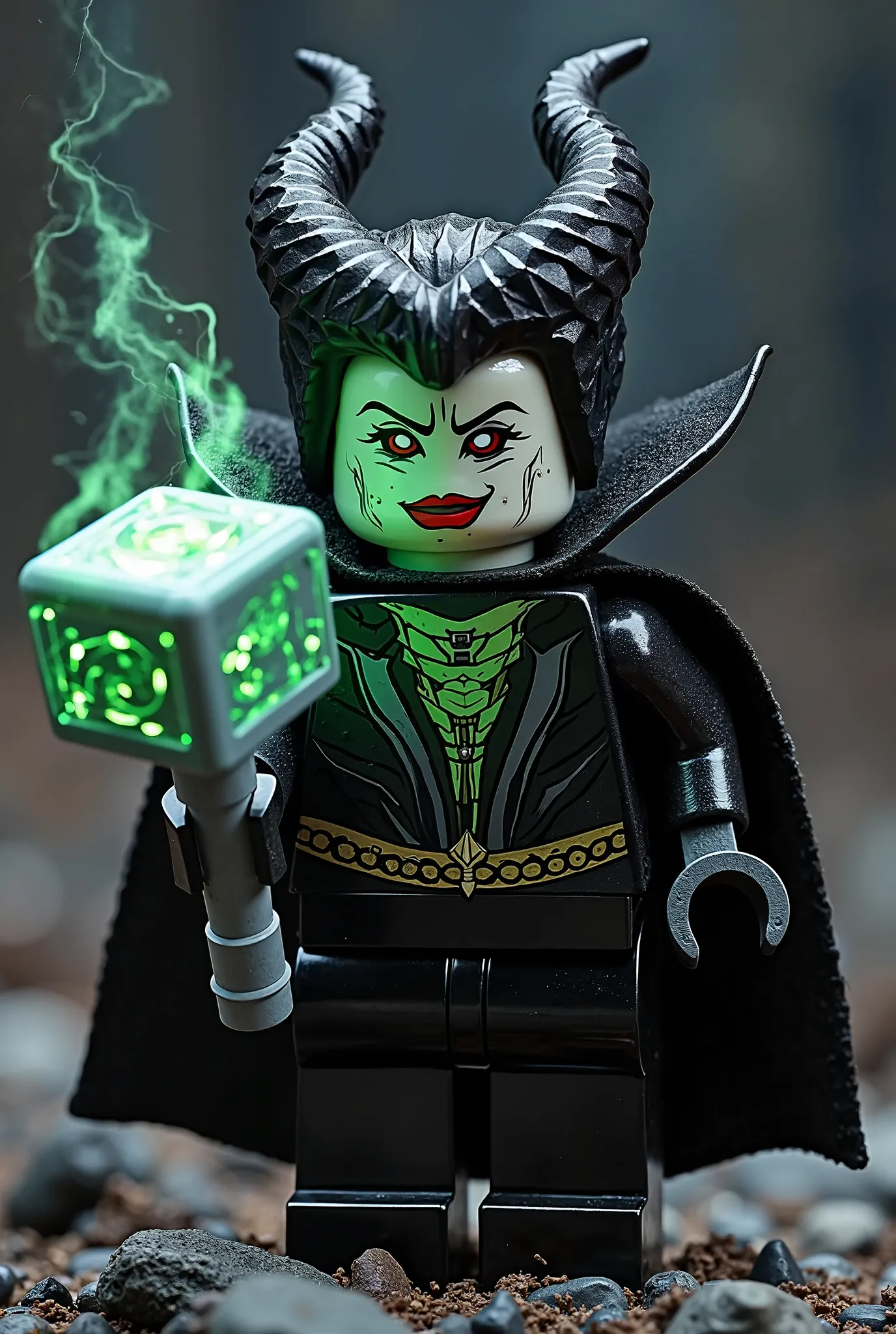 Maleficent, holding thor hammer, lego, lego toy, in lego form, electricity, raw skin details, black suit, new suit, high resolution, best quality, highly detailed, realistic, masterpiece, indian, indian dress, detailed, indian symbols on mask, realistic da...