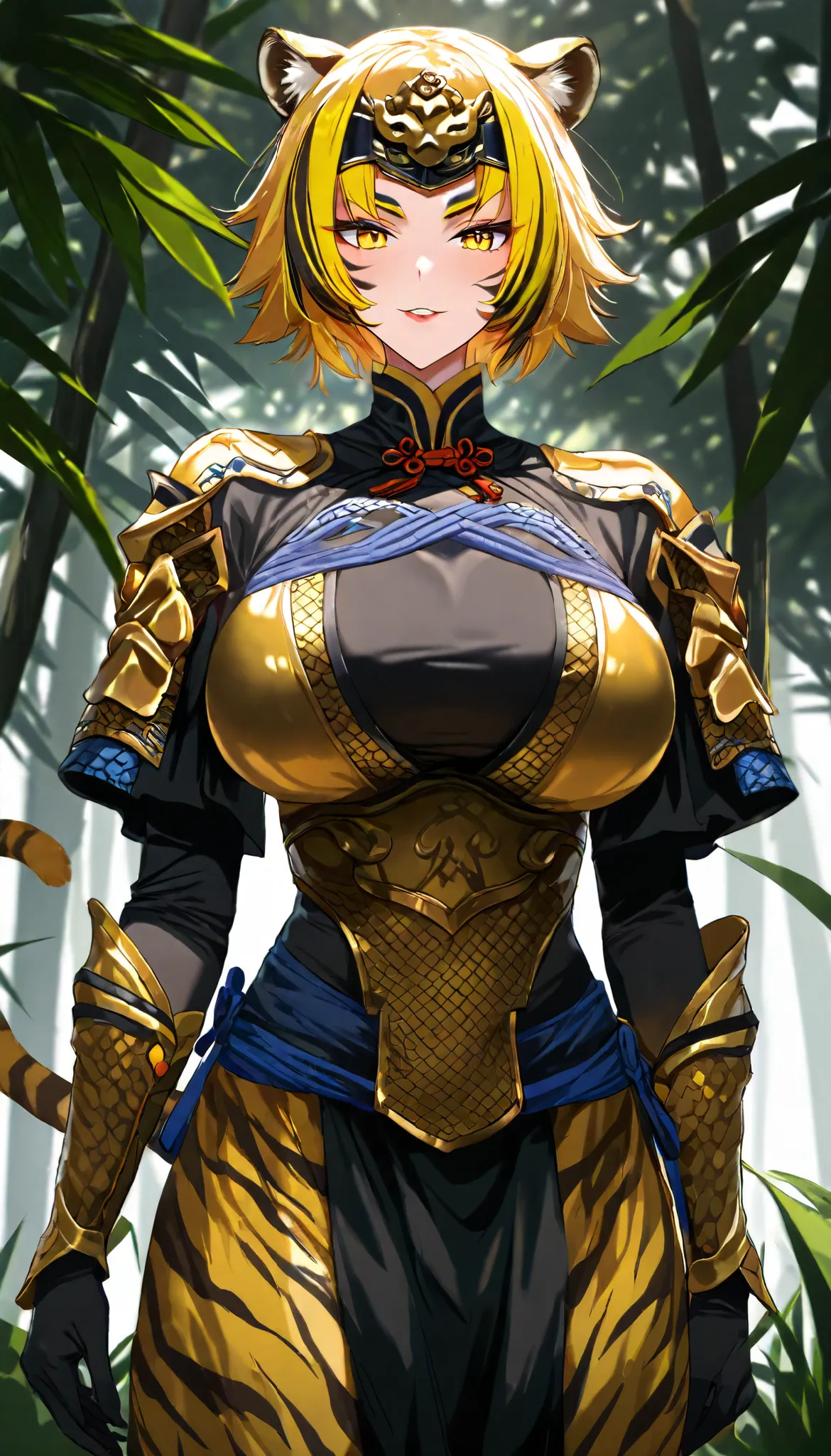 A Tiger Female ,Perfect body,Oppai (Black and yellow hair,short hair, streaked hair),Tiger Metal Forehead Protector, yellow eyes, Wearing A Dark Gold armor with black tiger stripes(Chinese Armor,Matte), Open pose, seductive smile, In A Jungle, UHD, SOLO, a...