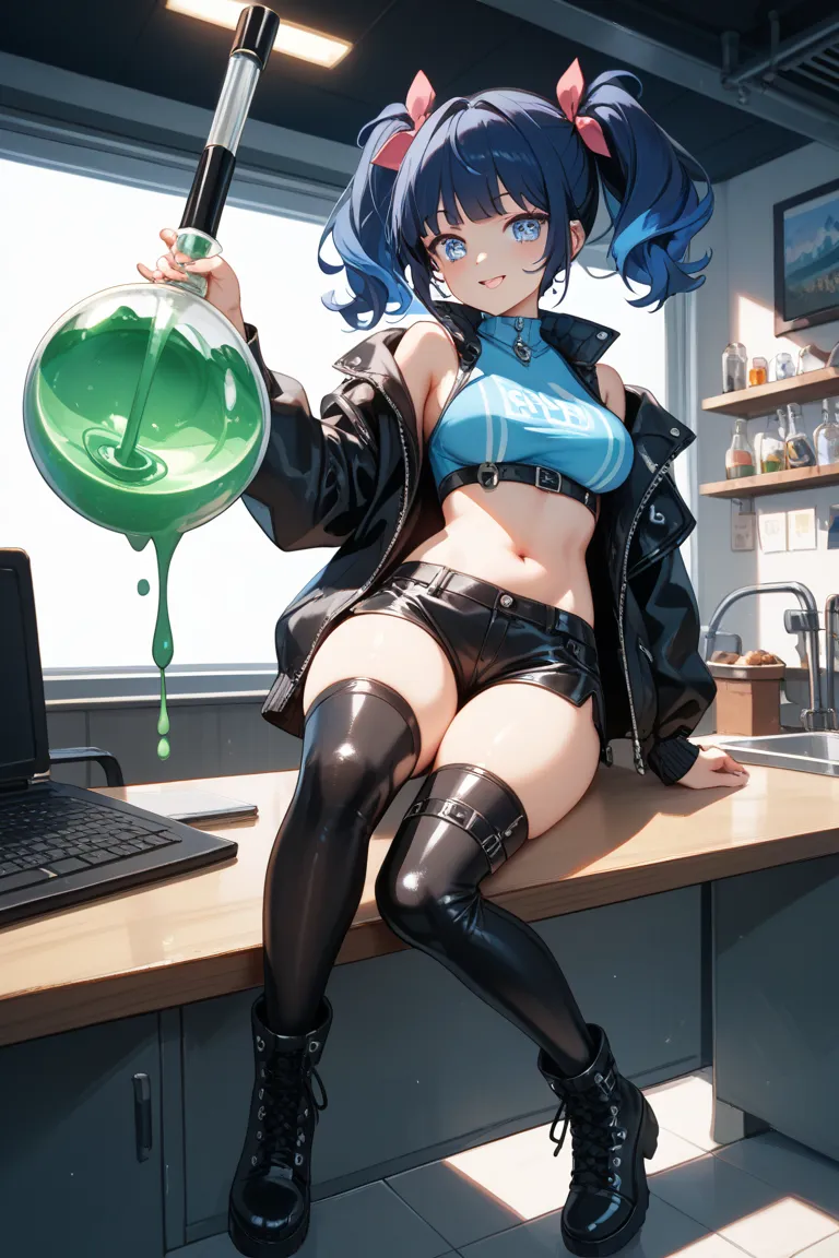  dark blue hair。twintails。Girls around 18 years old。bright blue fluorescent eyes。 I'm wearing a gas mask。the inside is made of shiny black leather。 belly button sticking out 。  wear jacket I have  。 My shoulders are coming out of the ladle。I'm wearing tigh...