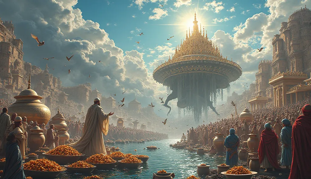 "A spiritually inspiring Islamic thumbnail depicting the majestic throne of Prophet Sulaiman (AS) floating in the air. Below, thousands of large cooking pots are being prepared, with countless creatures—humans, jinn, animals, and birds—gathered for the gra...