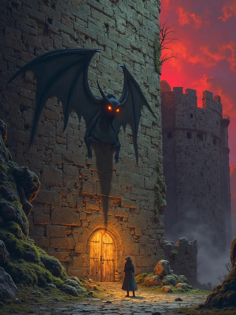 The Silent Watcher

Fantasy-style painting of a massive gothic castle wall illuminated by torchlight, the ominous shadow of a winged creature with glowing eyes stretching across the stone, the texture of ancient carvings and moss-covered bricks visible in ...