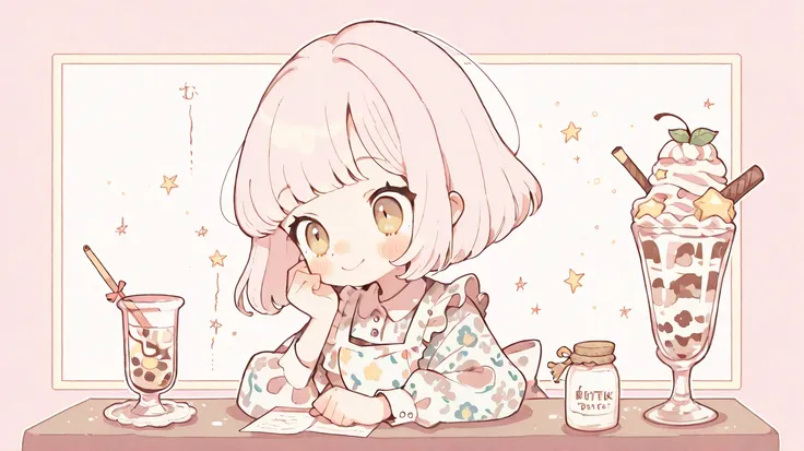 cute illustration appealing,  CHALK HOLD ,( girl, light brown eyes,( light pink hair :  bob cut hair: 1.3), (Scandinavian pattern apron dress)), I'm walking side by side with a ,On the noseクリーム, Delicious crepes, tableの上にはかわいいパンケーキ,parfait,🍓,  A lot of str...