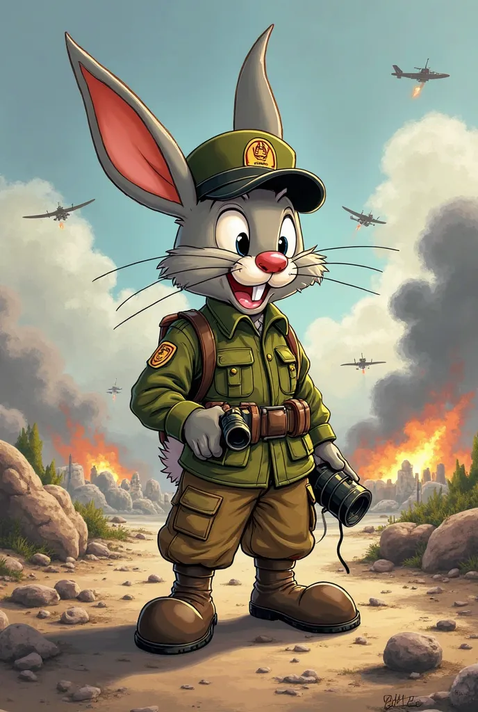 Cartoon Disney Oswald rabbit in wwii clothes with binoculars and Telephone