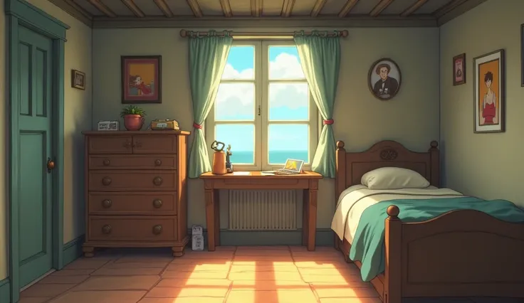 The cozy but sparse interior of the lighthouse living quarters, showing Martin's simple life (a small bed, few personal belongings, the photograph of Eleanor), Studio Ghibli, main character, emotional, 8k, Ultra HD, high 