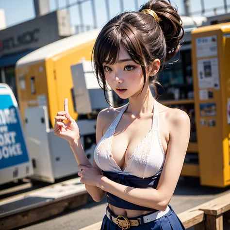 amusement park,2 people, 20 YEAR OLD JAPANESE WOMAN、blush:1.3、is embarrassing:1.6、Blush 1.5、 sexy、 (grabbing own breast:1.5)、white knit wear:1.5,(cross-halter-knit:1.8 , blue skirt,gold belt), (Highest quality、In 8K、masterpiece:1.2)、embarrassed:1.6、 perfec...