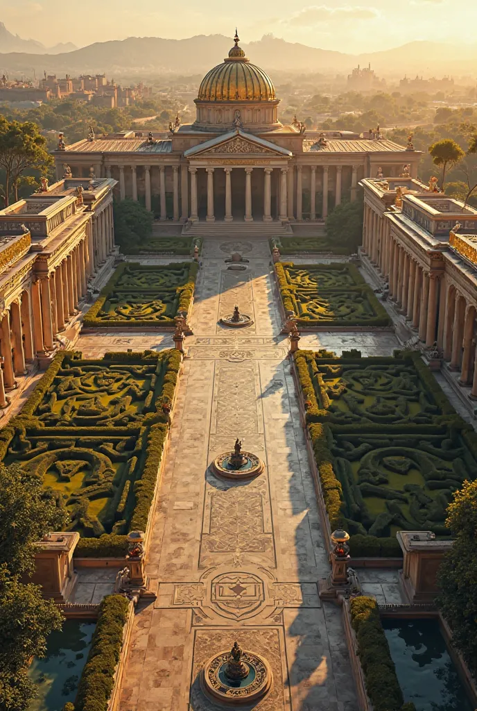 "A grand panoramic aerial view of an imperial palace inspired by classical Greek and Roman architecture, captured from a high-angle perspective. The palace is surrounded by a fortified wall adorned with Corinthian columns, intricate friezes, and bronze sta...