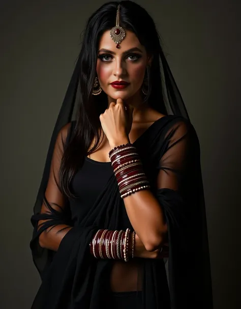 beautiful indian newly wedd woman, drapped in black dupatta,her body is seen through dupatta, wet long hair,standing pose,full body pose, plenty of dark red and white bangles, henna on both arms, heavy maang tikka on forehead, sedcutive expression, front f...