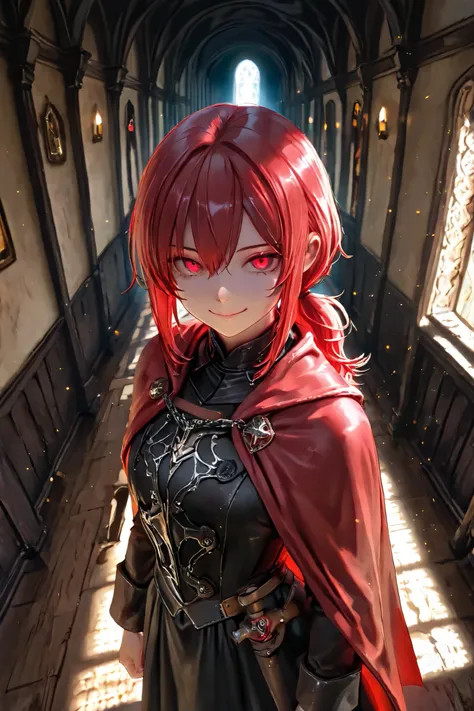 masterpiece, best quality, detailed eyes, semi realistic, 8k, girl, pure, emotionless, red low ponytail hair, red eye, fantasy hallway, black medieval luxury uniform with red accessories, nobility, little bit smile, red fluffy cape, looking down at viewer,...