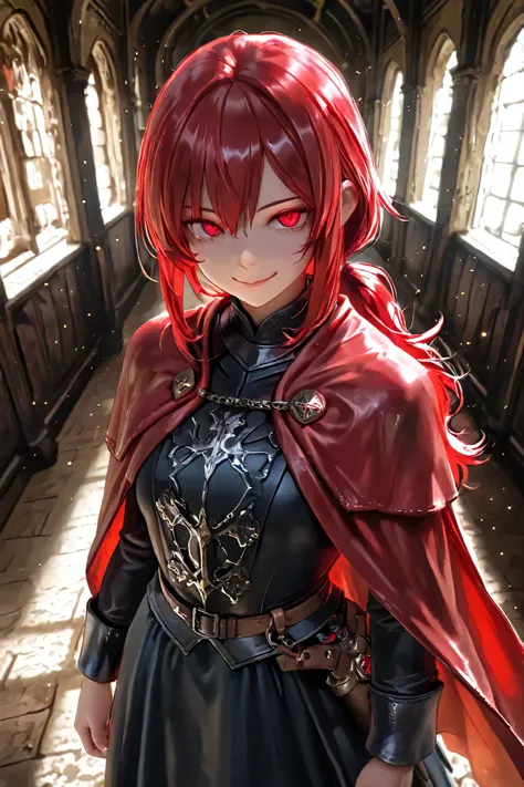 masterpiece, best quality, detailed eyes, semi realistic, 8k, girl, pure, emotionless, red low ponytail hair, red eye, fantasy hallway, black medieval luxury uniform with red accessories, nobility, little bit smile, red fluffy cape, looking down at viewer,...