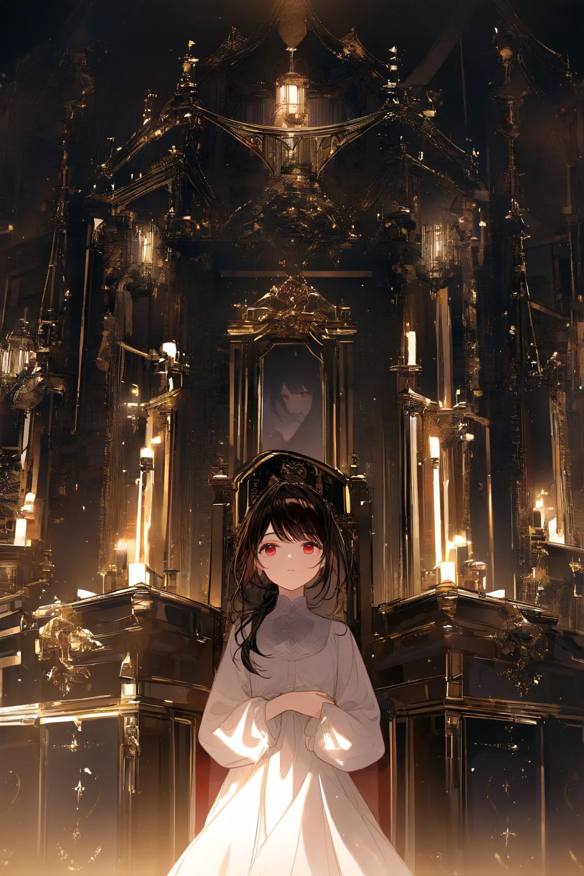 Student clothing， girl， Black Ponytail ，Brown red pupils， sitting on the throne ，A sword is suspended above the head