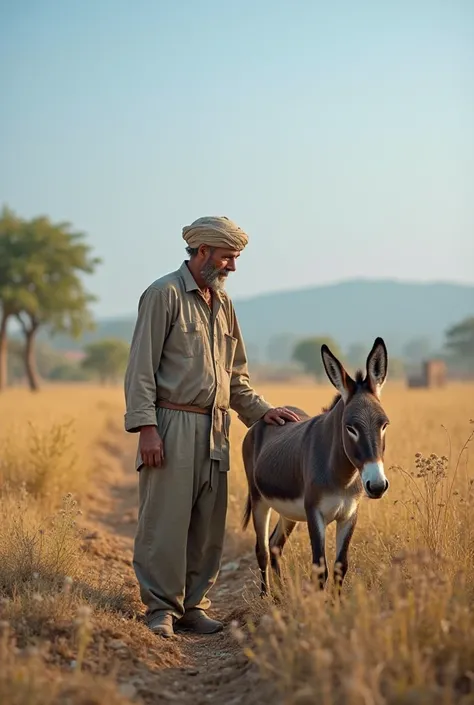 ### **1. کسان اور اس کا گدھا**  
**پرامپٹ:**  
*"A hardworking farmer in a rural village, wearing simple traditional clothes, working in his small field with a few animals around, including an old donkey. The farmer looks kind and attached to the donkey, s...