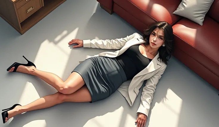 (nsfw:1.9),  Full body image seen from directly above  ,looking at the camera, lying on the office floor ,(((Attitudes to greet men:1.4))),{{{,   perfectly flat chested  :1.3}}},  while looking at Tsurpeta,((   White office jacket   、black shirt、 knee-leng...