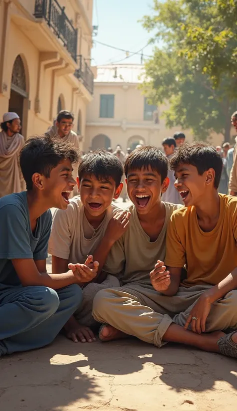 Some polytheist youth mock the call to prayer
The boys are sitting and laughing