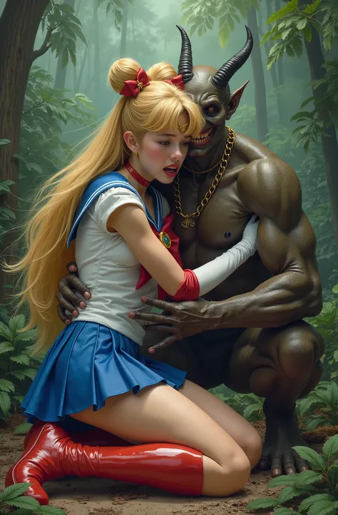 Hyperrealism, masterpiece, highest quality, A young Japanese woman is sitting on the devil lap, ((she is crying and screaming in pain)), painful face, she is wearing a Sailor Moon costume, Blue sailor collar, Blue mini pleated skirt, she is wearing pleated...