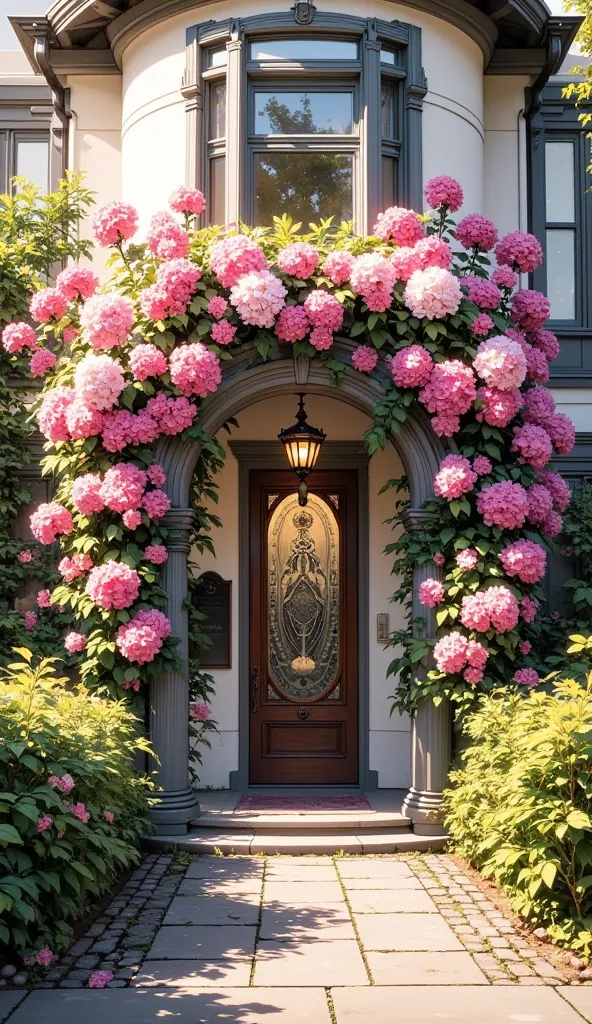 Corner house designs with whide door  with voganvillea plants pink and white flowers and back side garden area with door and contain boundery

