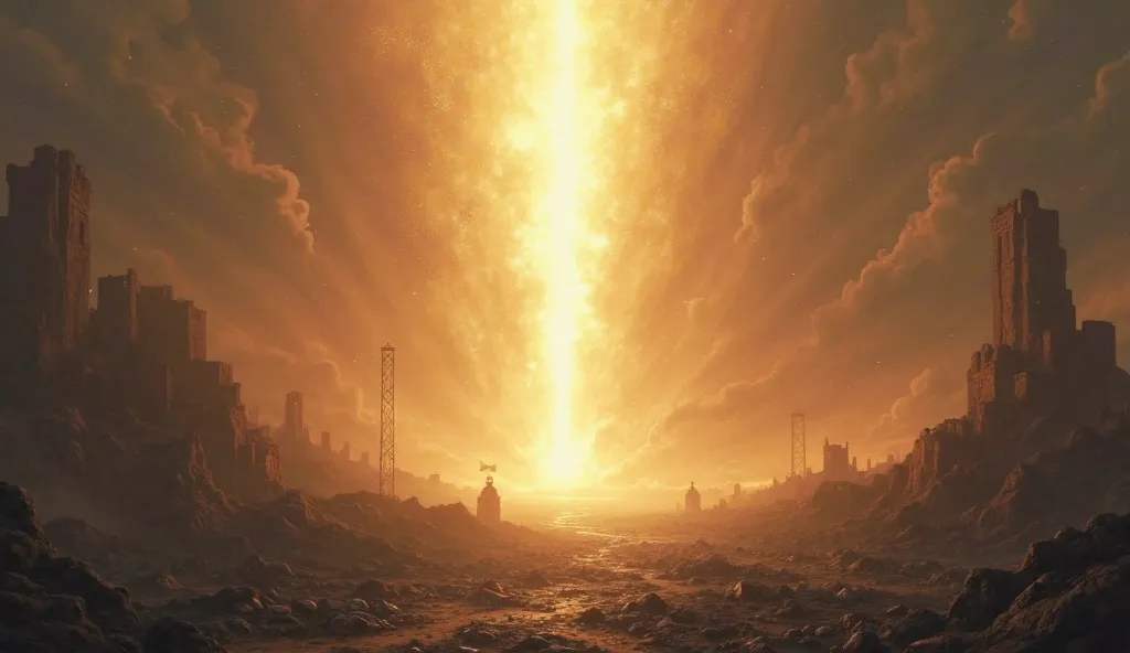 A bright beam of light rising from the sky over a devastated landscape, symbolizing a divine revelation.