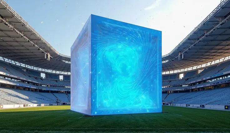 Make a design of a blue and white cube in Matute Stadium