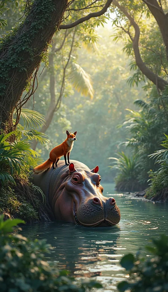 Create a hd image resolution hippo and Fox. The Fox  is standing at the tree and the hippo is surface of the water grass.The background is deeply jungle area and sunshine weather some water