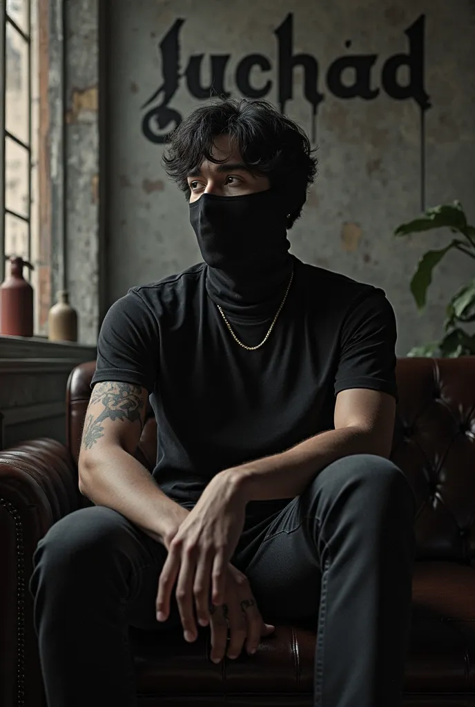 A young mafia man in covered face wearing  beautiful tshirt sitting in room written luccha D on background wall
I