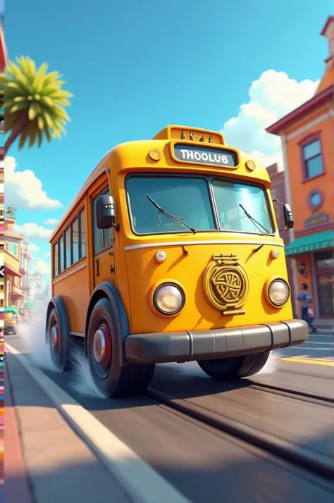 An energetic yellow city bus speeding through a lively town. Emphasize large, cartoon-style wheels with dynamic speed lines that suggest rapid motion. The background features cheerful buildings and a clear blue sky in a playful, animated style."