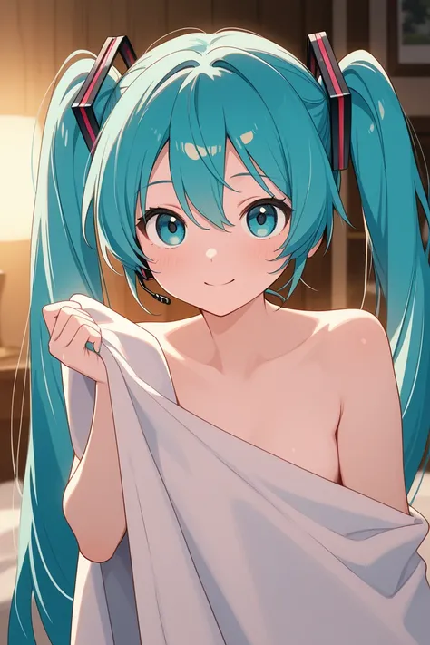 HD,Highest quality, Hatsune Miku, vocaloid ,turquoise long twin tails, completely naked, on the bet