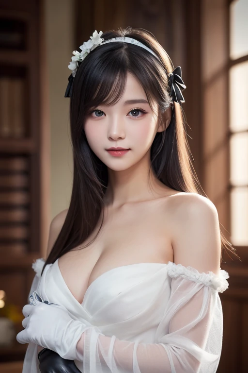 Korean, realistic, Masterpiece,  final details , photo  realistic,  complicated details,  octane rendering , 8k,  1 girl, Perfect face,  beautiful faces, NSFW,  trough for final details,  Hair Details ,, black bow, black  gloves, Black Legs, blue eyes,   b...