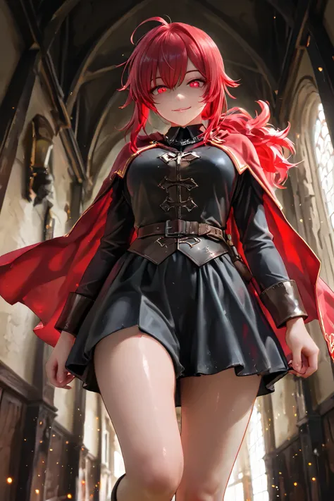 masterpiece, best quality, detailed eyes, semi realistic, 8k, girl, pure, emotionless, red low ponytail hair, red eye, fantasy hallway, black medieval luxury uniform with red accessories, nobility, little bit smile, red fluffy cape, looking down at viewer,...