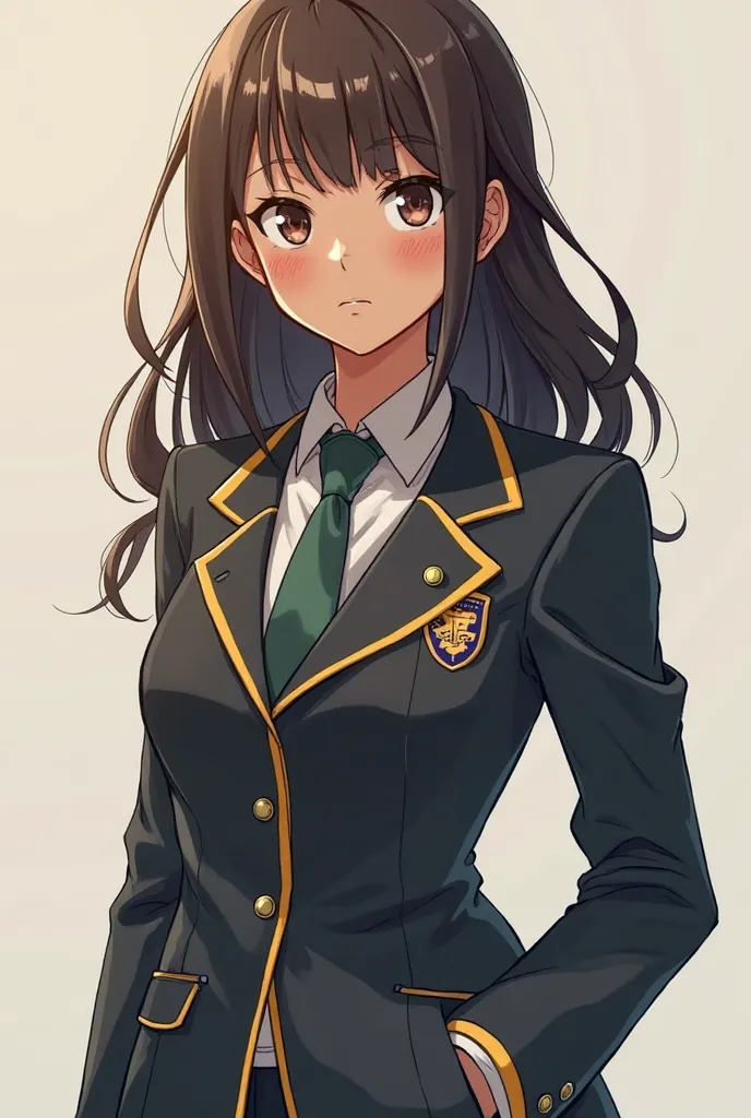 My hero academia, 20 years old girl with brown skin, slanted honey-colored eyes, dark brown hair with two strands of blonde bangs, full body UA uniform