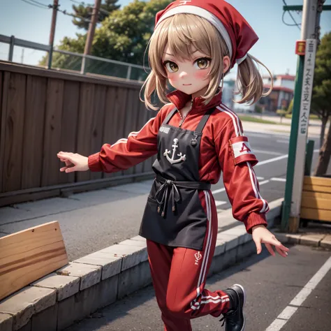 MichishioSanmaKC, 1girl, solo, (red) jacket, (track) jacket, (green) armband, (black) apron, bandana, (red) pants

-(Sanma) jacket, (Sanma) pants
-(track) suit, (track) pants
-head scarf, long sleeves
-anchor symbol, (anchor symbol) apron
-(black) socks, k...