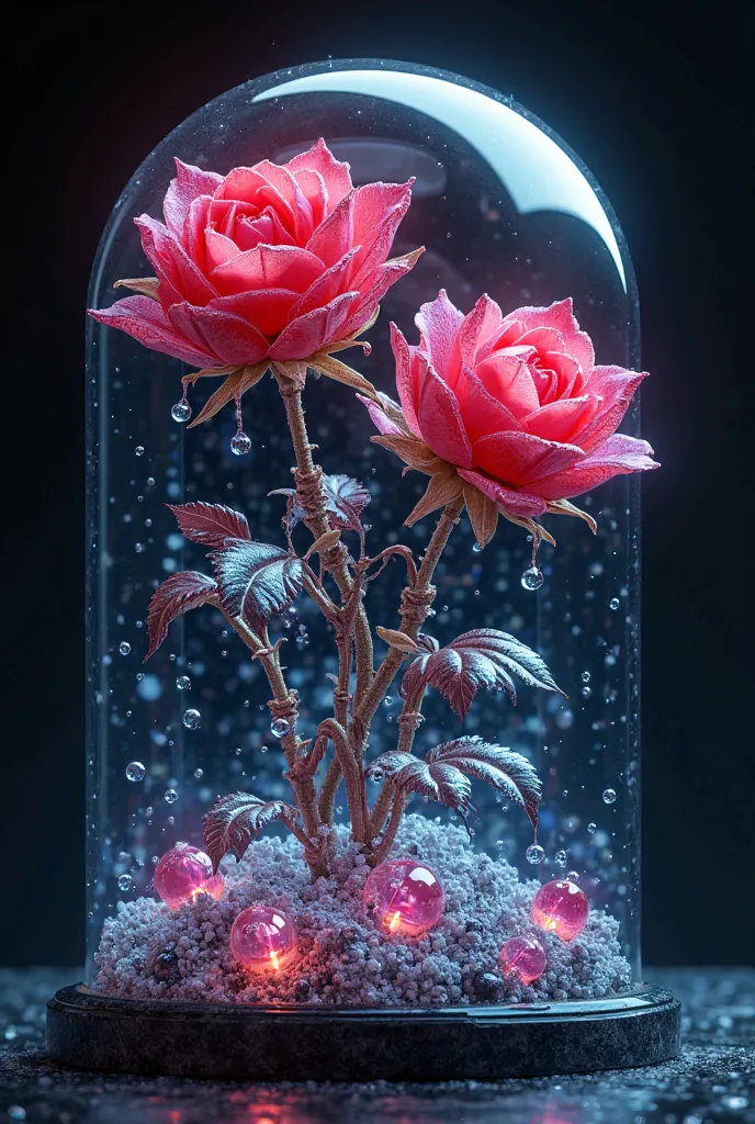 Ultra-realistic 8K resolution, Octane render, Unreal Engine 5 masterpiece, dark academia aesthetic, enchanted glass terrarium containing: two hybrid heliotrope-roses with translucent ruby gemstone petals (vitreous refraction), metallic obsidian stems (biol...