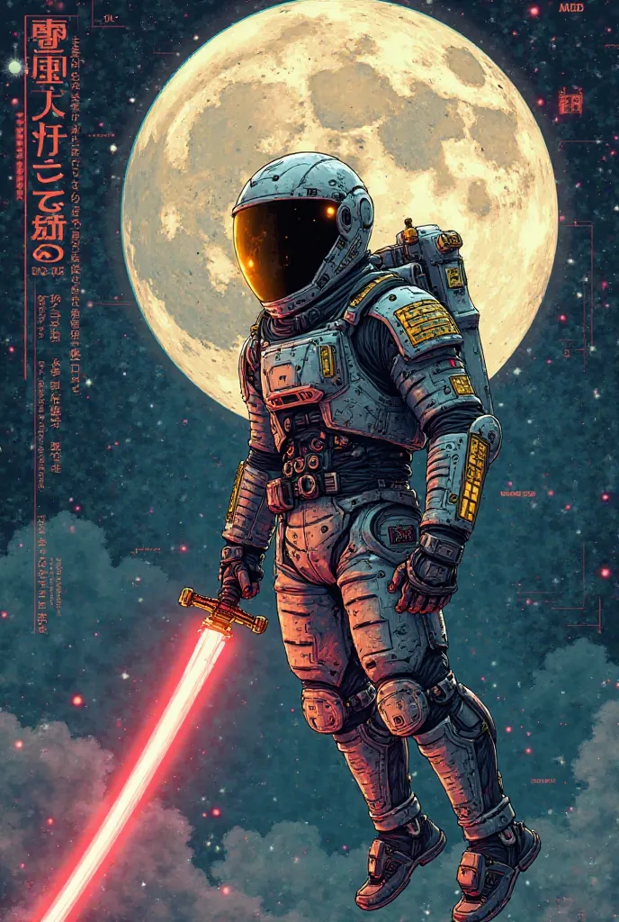 "A cybernetic astronaut samurai floating in space, wearing a fusion of traditional Japanese samurai armor and a futuristic high-tech helmet with a golden visor. His sword emits a glowing neon energy trail, and the background features a full moon, digital H...