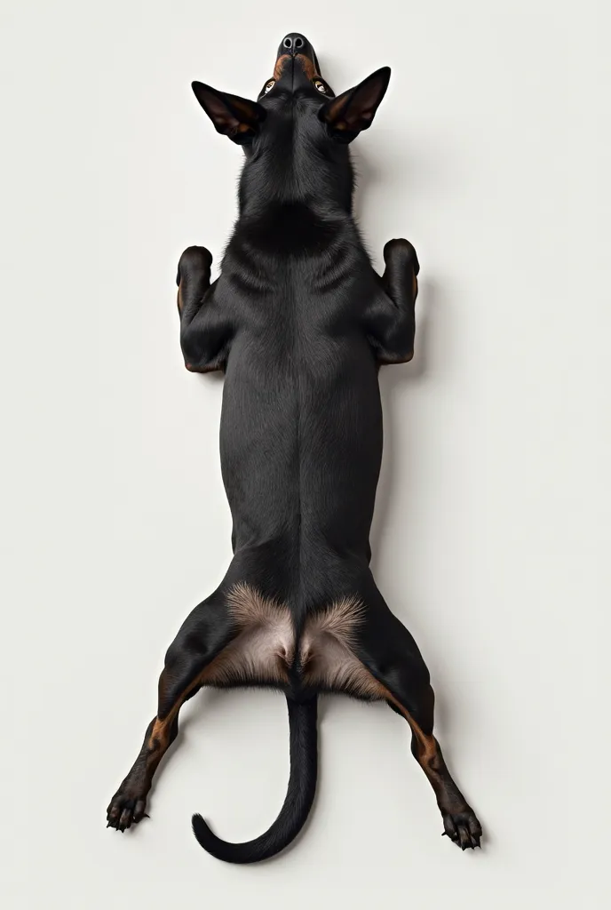 
"A realistic photo of a dog lying on its back, viewed from directly above. The dog's spinal cord should be visible as a dark line running down the center of its back. The top of its head, with ears pointing upwards, and the tip of its tail should be clear...