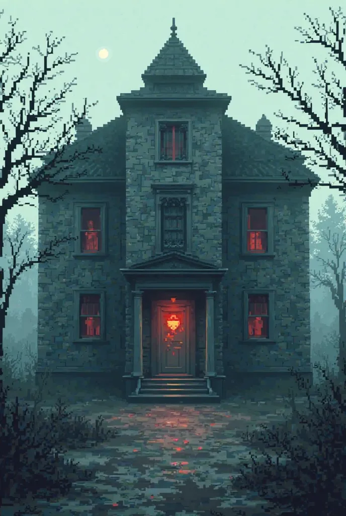 Generate an school made out of puzzle with missing piece on front door and make it horror vibes and pixelated