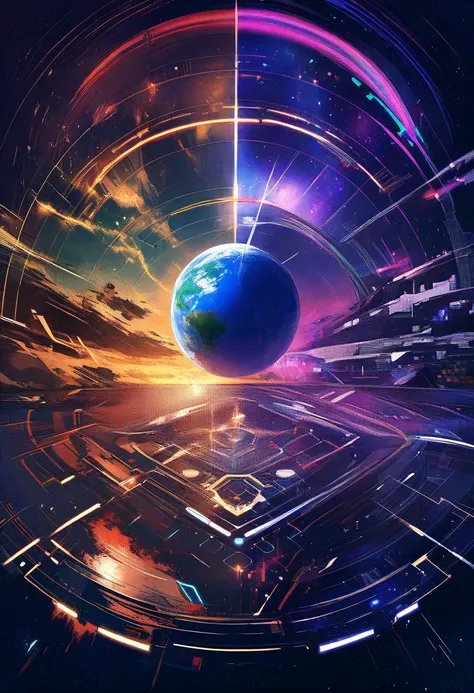 Ultra-detailed cyberpunk seven-planet alignment in dystopian cosmos, mechanical planets with neon cores (Mercury: liquid silver circuits, Venus: golden plasma haze, Earth: holographic city grids, Mars: crimson magnetic storms, Jupiter: amber data storms fo...