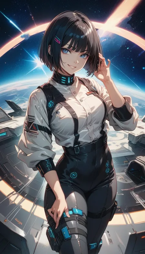 front view pose, A futuristic anime girl with short bob cut hairs, smooth hairs, shiny hairs, straight black hair, dressed in a sleek white button-up shirt with high-tech buttons that glow softly, space theme, her gaze directed toward the viewer with a sli...