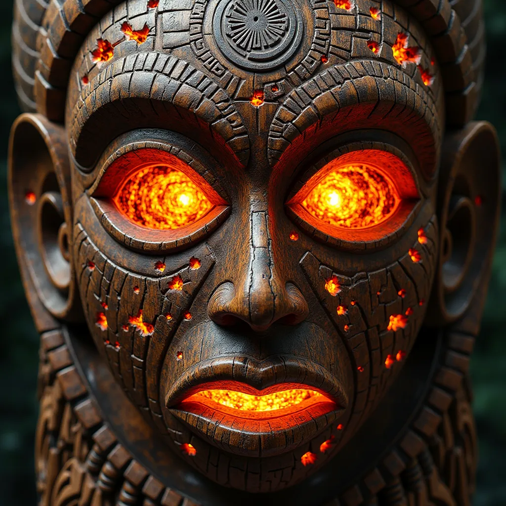  African Tribal Wood Carving Mask（Mahogany Material）Lava erupts in my eyes
Facial lines evolved into a composite pattern of the Mayan solar calendar and river Tullos
In the background, the symbol of the ancient global civilization Vulcan appears in the bur...