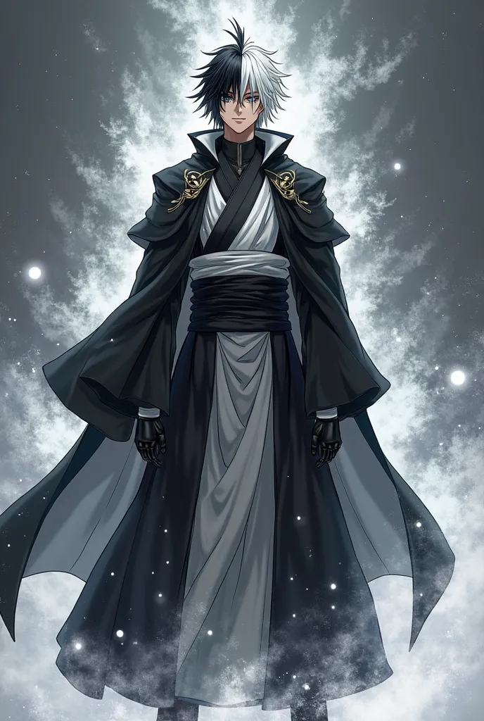 Anime image An image of a man with a large tall figure and a figure like a fictional hero. He has black hair and one white hair in front of him, his face is sharp and looks cold, conveys mystery and makes a calm, calm look of the hero.

Wearing a black and...