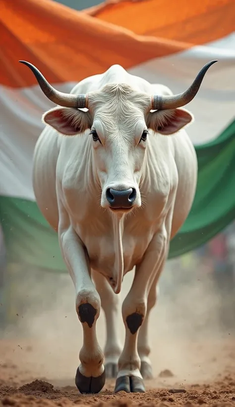 

Ek white shaktishali cow jo धीरे-धीरे camere ki aur aa rahi hai background Mein Bhartiya jhande aur contili baad ke sath