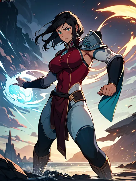 Korra from the anime 'The Legend of Korra' in full body, looking fierce and warrior-like. She stands in a dynamic pose, bending all four elements—water, fire, earth, and air swirl around her in a powerful display. Her athletic, muscular physique emphasizes...