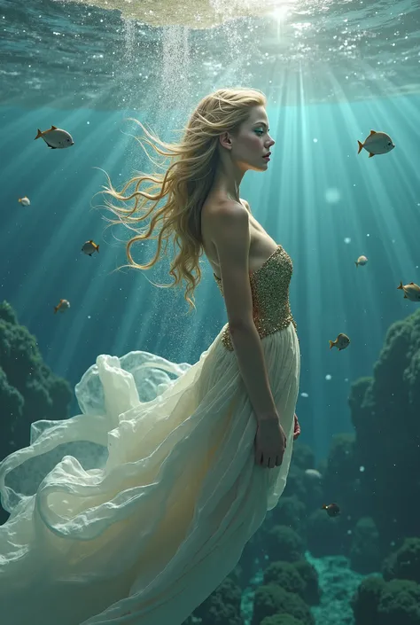 milky white Woman with a gold metallic dress falling gracefully into the depths of the ocean