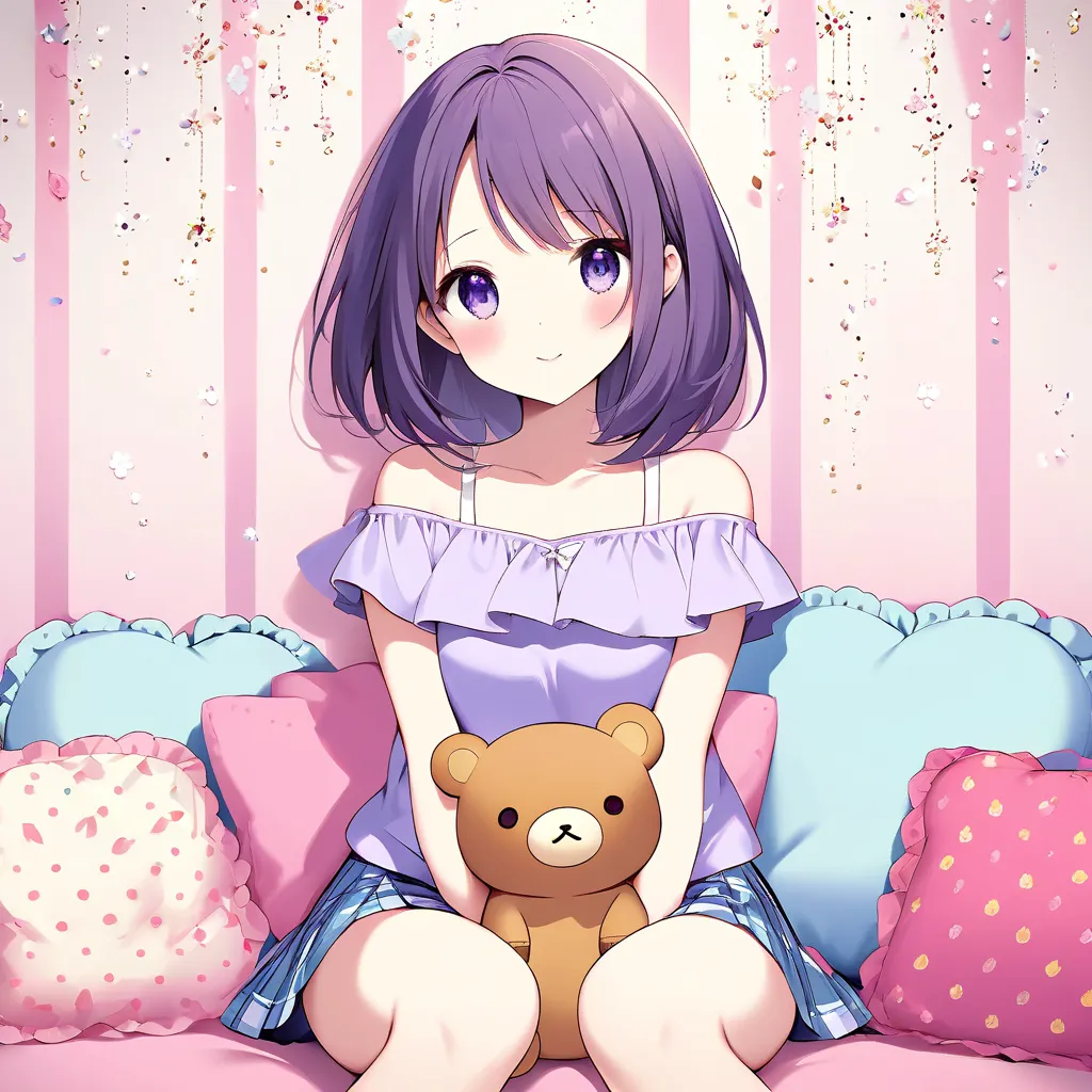 A super cute anime-style girl inspired by Yuzuko's personality. She has a slender, model-like figure and stylish shoulder-length bob hair. She is wearing a soft purple off-shoulder top and a mini skirt, reflecting her chic and fashionable style. Her expres...