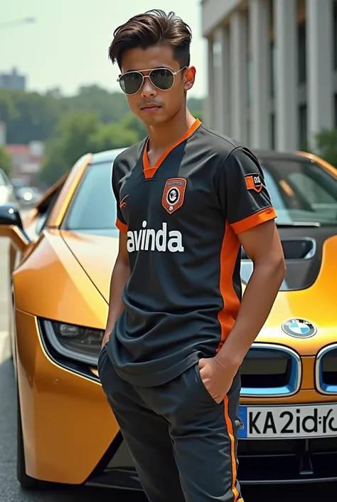 A handsome boy is owner of bmw i8 gold colour and his weared kavinda name jersy